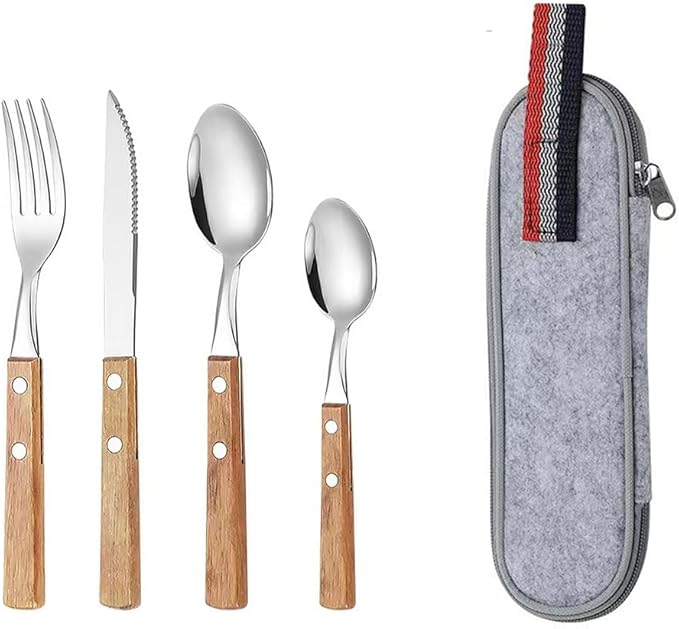 Stainless Steel Wooden Handle Silverware Set,Elegant Western Cutlery Set,Contains Knife, Fork, Spoon (B)