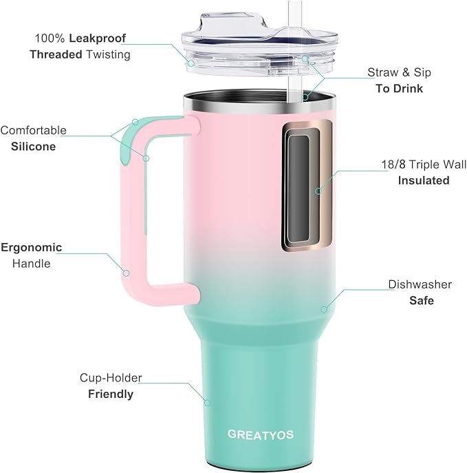 Stainless Steel 40 oz Tumbler with Handle, Insulated Travel Mug, Leak-Proof Lid, Vacuum Cup for Men & Women - Bubble Gum