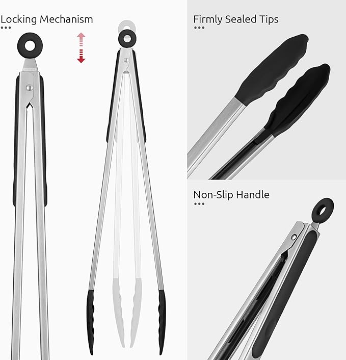 600ºF Heat Resistant Kitchen Tongs: U-Taste 16 inch Extra Long Large Silicone Cooking Tong with Sturdy Non Stick Rubber Tips & Non Slip Silicon Coated 18/8 Stainless Steel Handle for Grill BBQ (Black)