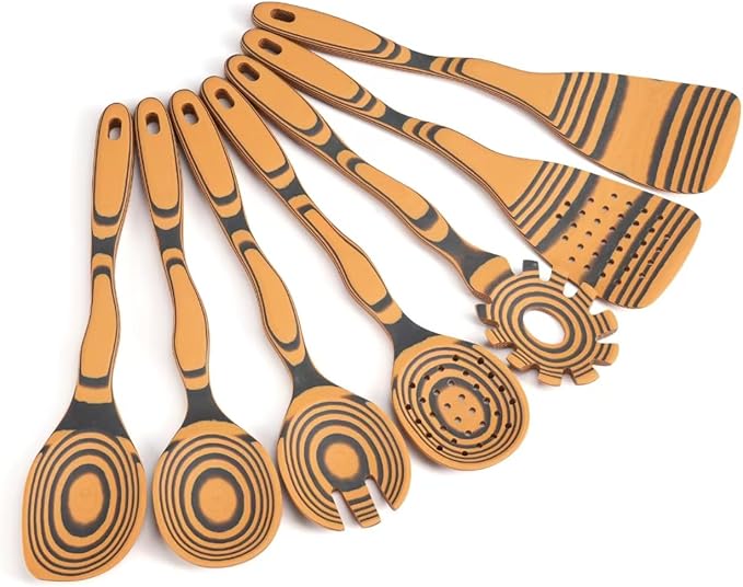 Professional Kitchen Wood Fiber Cooking Spoons|7-Piece Curved Handles Non-Scratch, Heat Resistant, Dishwasher Safe Wooden Utensil Set for Non-Stick Pans, Sauce Making, Stirring & Serving|Kitchen Gifts