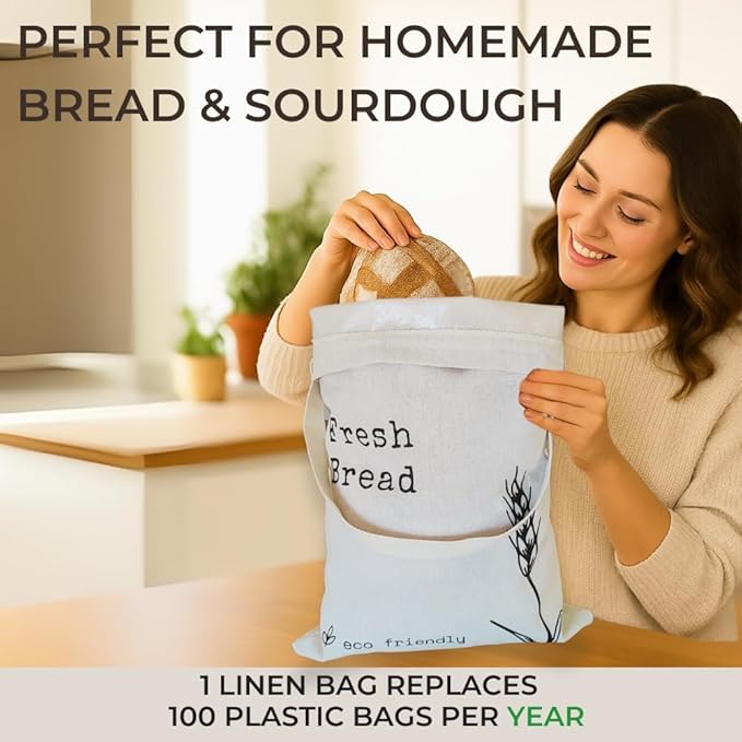 Linen Bread Bags for Homemade Bread - 2 Pack XXL Reusable Sourdough Bread Storage Bags, Keep Bread Fresh Longer, Linen Bag with Drawstring Handle, Washable, Gifts for Bakers