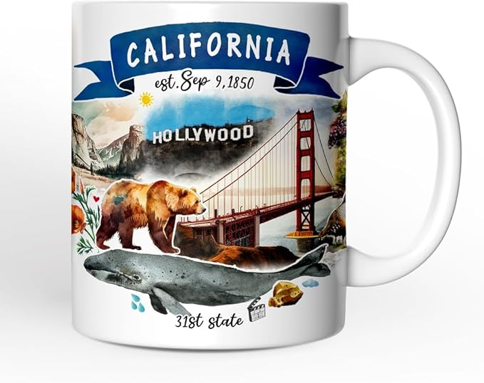 OrnamentallyYou State Travel Landmark Mugs – 12 oz Ceramic Coffee Cups, U.S. Souvenir Gift for Tourists (Artistic California State Themes and Landmarks Mug)