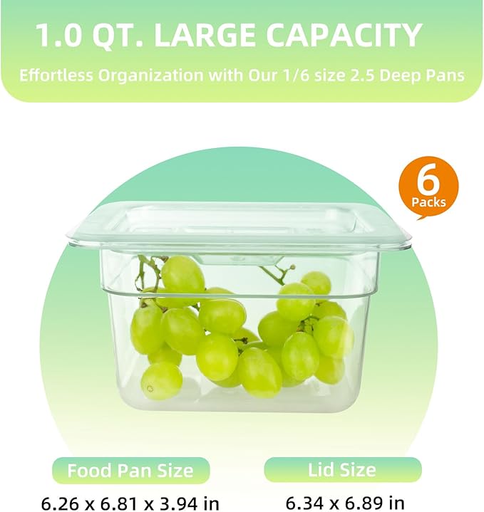 6 Pack 1/6 Size Food Pan with Lids,Stackable Freezer-Safe Meal Prep Containers for homes schools restaurants hotels -40°F to 212°F (1/6 size 4 inch deep, 1.53L/1.62QT)