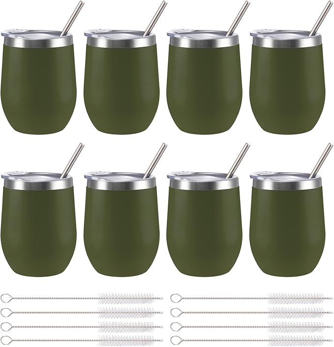 12 oz Insulated Wine Tumbler with Lid and Straw,Stainless Steel Stemless Wine Tumbler Glasses Double Wall Vacuum Wine Cups Tumbler Bulk for Champaign,Cocktail,Office(Navy Green,8)