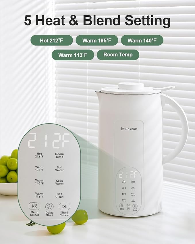 MOKKOM Nut Milk Maker, 42oz Soy Milk Maker for Homemade Plant-Based Milk, Oats, Soy, Dairy Free Beverages, Automatic Almond Milk Machine with Delay Start/Keep Warm/Self-Cleaning/Boiling, Pearl White
