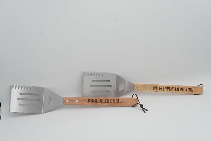 Grill Spatula for Kitchen, Stainless Steel BBQ Scraper, Customized Flat Top Flipper With Wooden Handle-KING OF THE GRILL