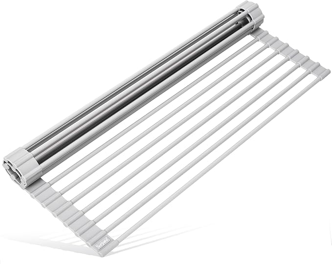 Surpahs Roll-Up Dish Drying Rack, Warm Gray, 17.5" x 13.1", Fits Sinks up to 16.5" Wide, Silicone-Coated Stainless Steel