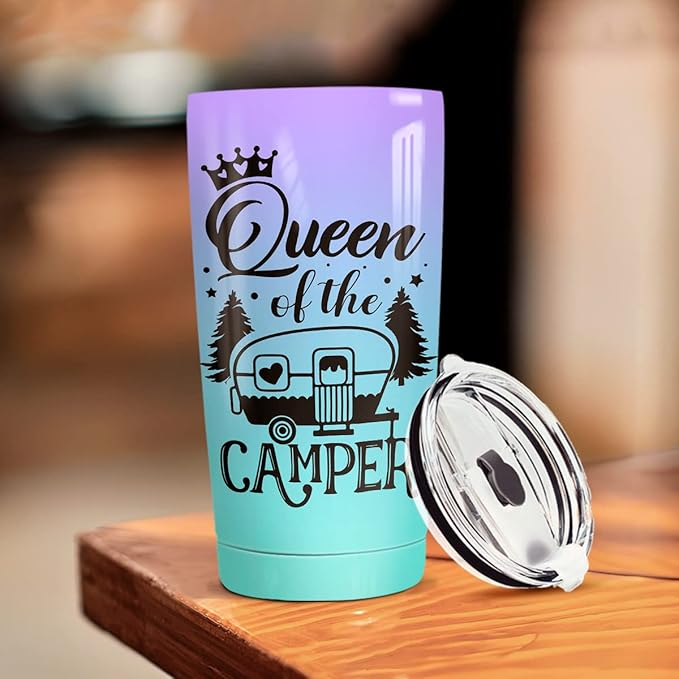 winorax Queen of The Camper Tumbler Camping Gifts For Campers Woman from Husband Boyfriend Sisters Best Friend Coffee Cup with Lid 20oz Stainless Travel Mug