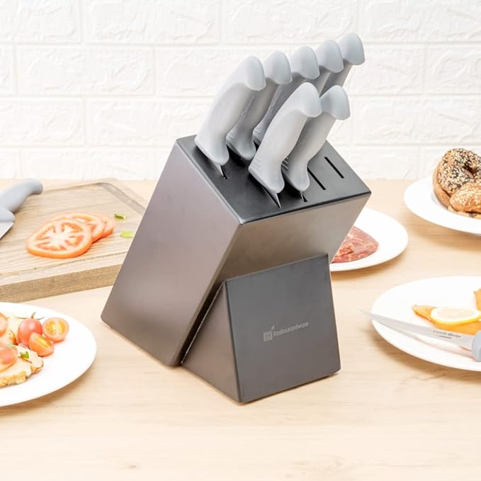 Restaurantware Comfy Grip Knife Set With Holder 1 Sharp 9-Piece Knife Set - Ergonomic Handle Non-Slip Grip Gray Stainless Steel Kitchen Knife Set Dishwashable Includes Knife Holder