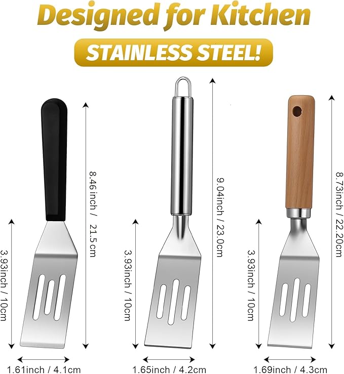 Patelai 3 Pack Small Spatula Mini Serving Brownie Spatula for Serving and Flipping Cooking Pancakes Desserts Cookie Eggs Lasagna (Slotted,Mixed Handle)