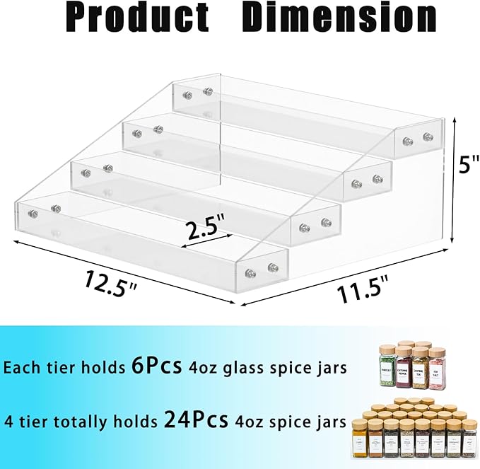 4 Step Acrylic Spice Rack Organizer for Cabinet, Transparent Display Riser Shelf Seasoning Organizer for Countertop Cupboard Pantry, Condiment Jar Kitchen Storage Holder Stylish Display Stand