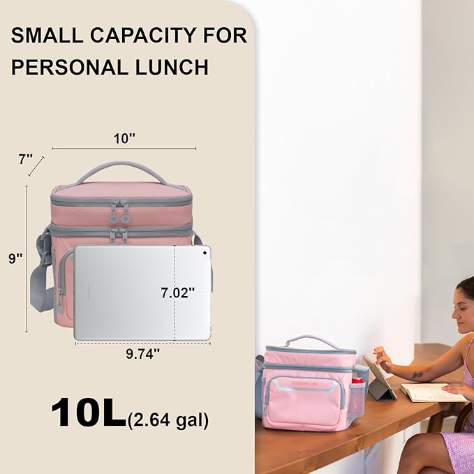 Everfun Womens Lunch Box Two Compartments Insulated Lunch Tote Bag Large Leakproof Soft Cooler for Work Picnic Travel (Light pink)