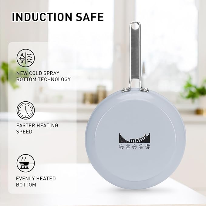MsMk 5-Piece Ceramic Non Stick Pans Set 8, 10, 12 Inch Frying Pans, 10inch and 12 Inch with Tempered Glass Lids, Stay-Cool Handles, Oven Safe 700℉, Compatible with All Cooktops