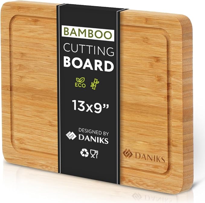 Daniks Bamboo Cutting Board, L 13x9 in, Pre‑Oiled, with Juice Groove – Cutting Board for Kitchen, Meal Prep, Serving & Charcuterie, Heavy-Duty