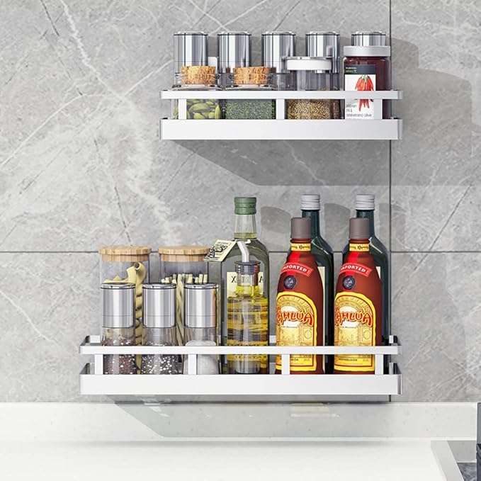 Spice Rack Organizer, SUS304 Stainless steel Wall Mount Spice Rack Storage Basket - Seasoning Container, Kitchen Spice Organizer -Kitchen Seasoning Hanging Rack - Bathroom Shelf (Silver)