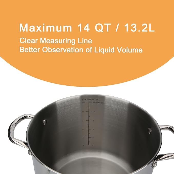 GreatChef Stock Pot Stainless Steel for Cooking Riveted Handle, Heavy Duty Vessel,Induction Compatible All Cooktops in Use, Dishwasher & Oven Safe (14 Quart)
