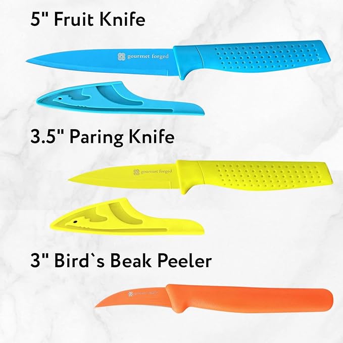 ColorSlice 3 PC Color-Coded Paring Knife Set. 5" Fruit Knife, 3.5" Paring, 3" Bird Beak Hook Peeler Curved Non Stick Dishwasher Safe Knives Sharp Stainless Steel Anti Rust
