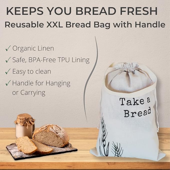 Linen Bread Bags for Homemade Bread - 2 Pack XXL Reusable Sourdough Bread Storage Bags, Keep Bread Fresh Longer, Linen Bag with Drawstring Handle, Washable, Gifts for Bakers