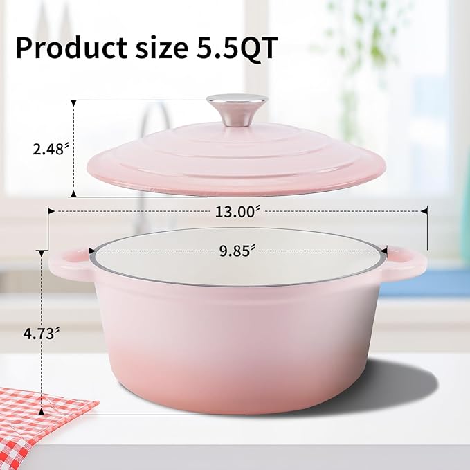 Enameled Cast Iron Dutch Oven Pot with Lid Heavy-Duty Cookware for Bread Baking,Braising,Stews,Roasting,Oven Safe up to 500°F,5.5QT,pink