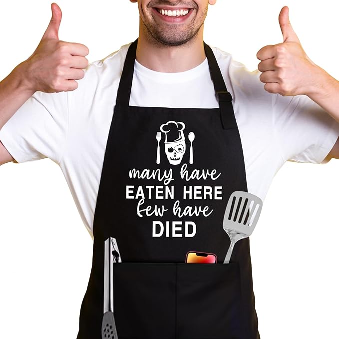 Many Have Eaten Here Few Have Died,Funny Chef Apron,Funny Aprons for Women Men with 2 Tool Pockets,Waterproof and OilProof,Fun BBQ Baking Grilling Kitchen Apron