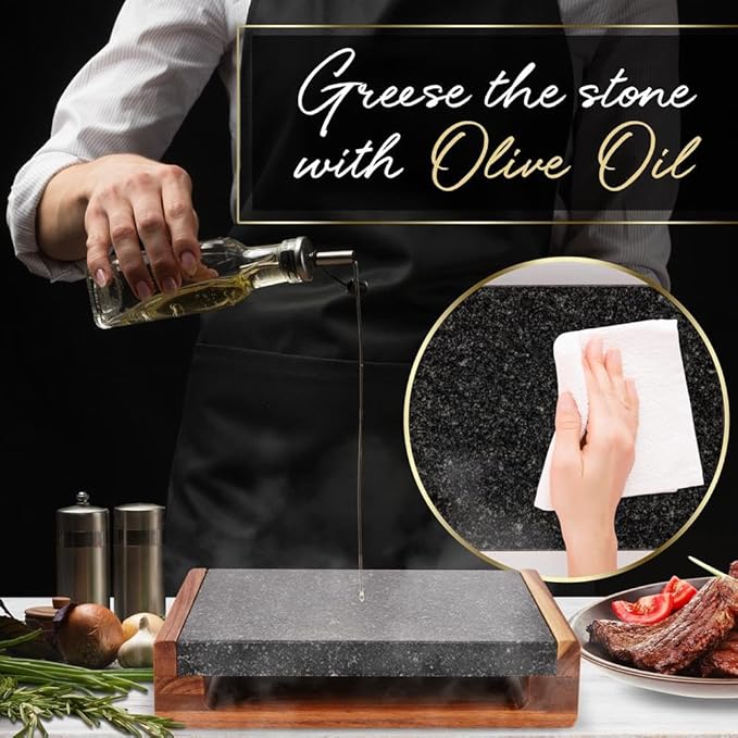 Nutrichef Cooking Stone Grill Set - Hot Lava Rock Sizzling Plate for Steak BBQ & Meat Grilling with Stainless Steel Knives, Cooks and Retains Heat & Flavor, Heated Tray for Serving Food