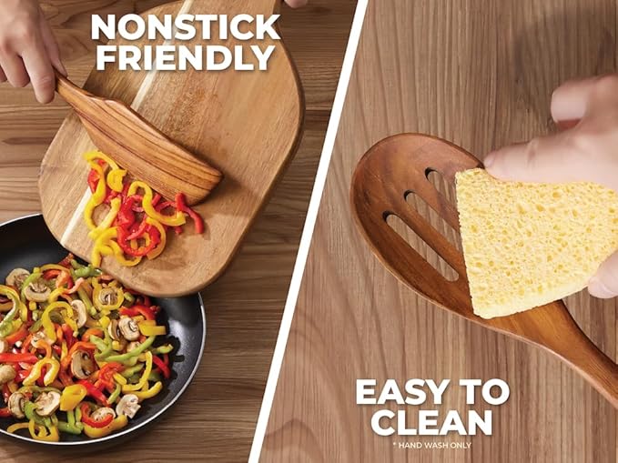OOZi 6-Piece Acacia Wood Cooking Spatula Set – Flip, Stir & Serve Effortlessly with Turner, Tongs, Scraper & Stainless Holder