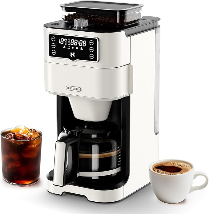 Drip Coffee Maker with Built-in Grinder, 10-Cup Coffee Machine with 24-Hour Delay Timer, Touch Screen, Self-Cleaning, Reusable Filter, 1.5L Removable Water Tank, Warming Plate, White
