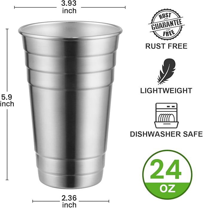 MEWAY Premium Stainless Steel Cups 24 oz Pint Cup Tumbler (16 Pack) - Premium Metal Cups - Stackable Durable Cup，Chilling Beer Glasses, for Travel, Outdoor, Camping, Everyday