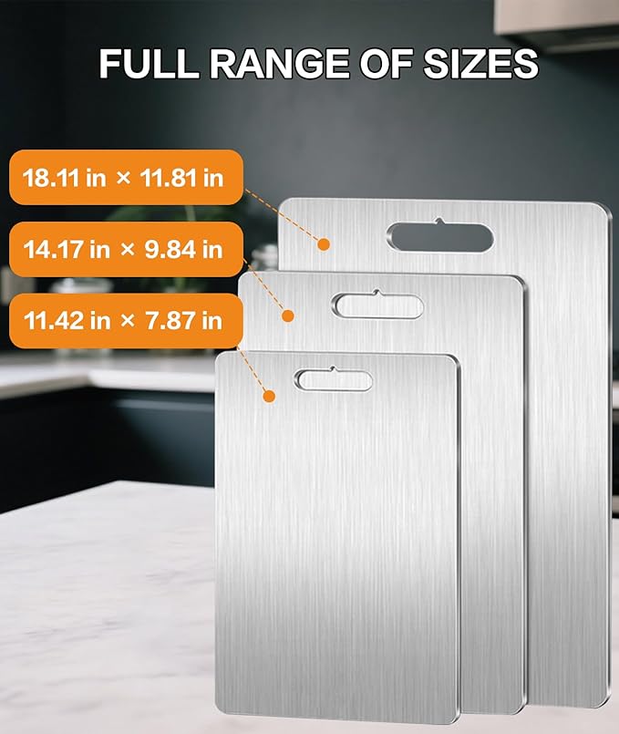 Cutting Board Set of 3, 100% Pure Titanium Cutting Boards for Kitchen, 2025 New Stainless Steel Cutting Boards, Scratch & Rust Resistant, Non-Slip Surface for Meat Vegetables Fruit, Easy Clean (3)