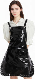 Glossy Cute Ruffled Apron, Lace-Up Model with Two Pockets, Vinyl Apron for Artists and Barbers, Waterproof