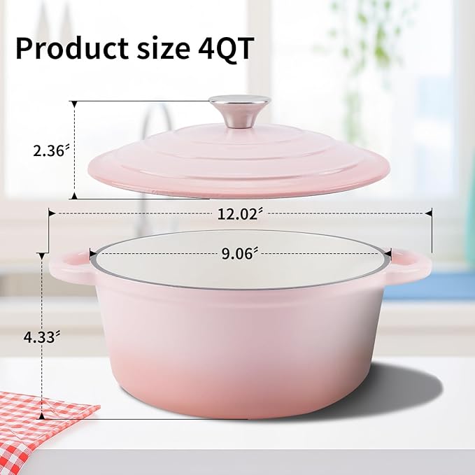Enameled Cast Iron Dutch Oven Pot with Lid Heavy-Duty Cookware for Bread Baking,Braising,Stews,Roasting,Oven Safe up to 500°F,4QT,pink