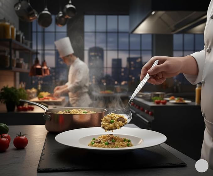 Chef Kunz Spoon | Pack of 2 | 18/10 Stainless Steel Professional Chef's 9 inch Solid Bowl Silver Plating Spoon | Non-Slip Grip Spoons for Basting, Quenelle, Serving, Sauces