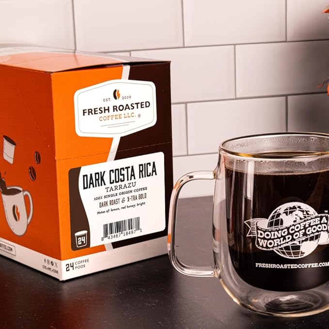 Fresh Roasted Coffee, Dark Costa Rica Tarrazu, Dark Roast, 72 Pods for K Cup Brewers