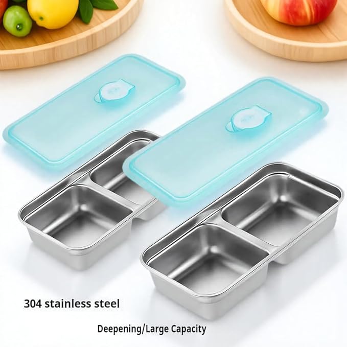 2Pcs Snack Pack Containers with Lids, Total 4 Compartment Snack Containers, Reusable Snack Containers for Adults, Stainless Steel Containers for Nuts, Fruits