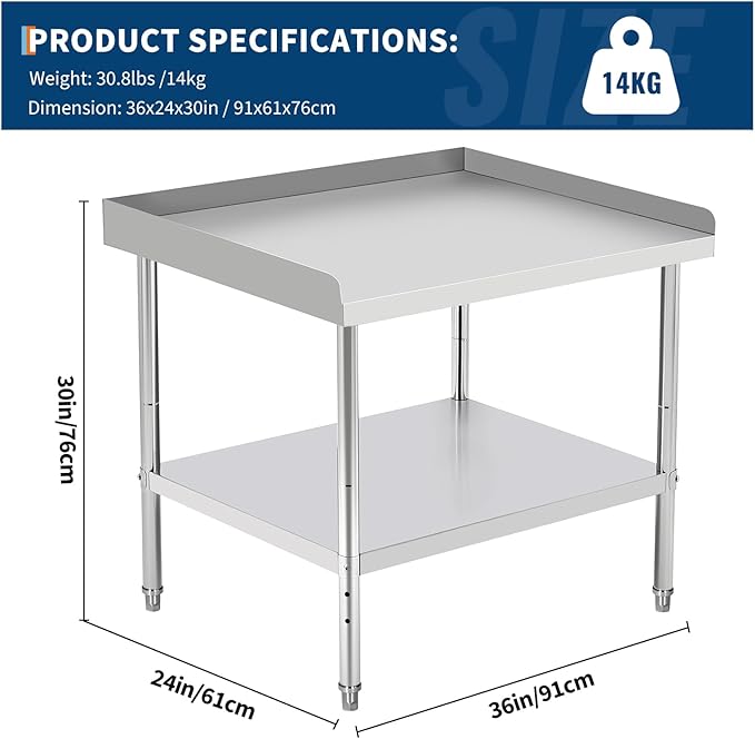 36x24x30 in Stainless Steel Equipment Grill Stand Table 400 LBS Capacity NSF Certified with Adjustable Legs, 2 in Edge Baffle, for Hotel, Home, Commercial Restaurant Kitchen