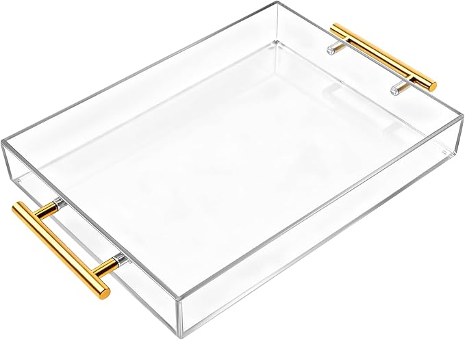 Clear Acrylic Serving Tray with Handles Large Ottoman Food Decorative Tray for Coffee Table Tea Fruit Snack Kitchen Bar Platter, 17x13’’