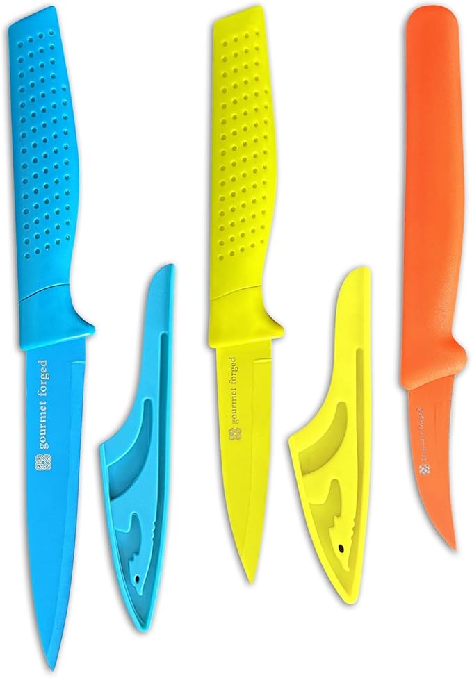 ColorSlice 3 PC Color-Coded Paring Knife Set. 5" Fruit Knife, 3.5" Paring, 3" Bird Beak Hook Peeler Curved Non Stick Dishwasher Safe Knives Sharp Stainless Steel Anti Rust