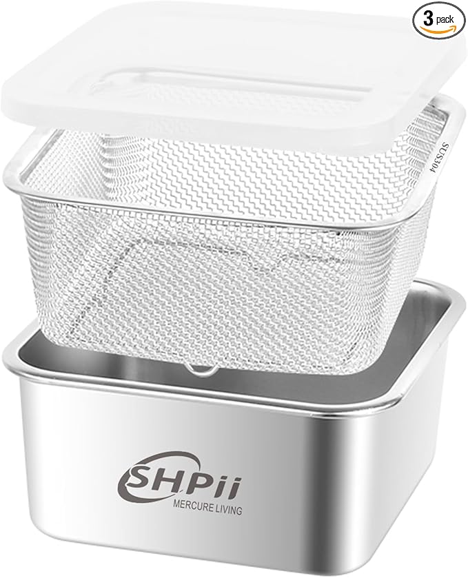 Square Colander Set, 304 stainless steel, with PE lid, deli containers, back of the kitchen preparation, washing and draining tools, refrigerator storage, frying oil filter (2500ML)