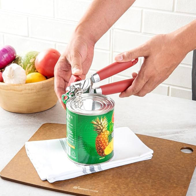 Restaurantware Comfy Grip 7.6 x 1.9 x 2.1 Inch Can Opener 1 Durable Manual Can Opener - Sharp Wheel Blade Grip Handle Red Stainless Steel Hand-Held Can Opener Built-In Bottle Opener