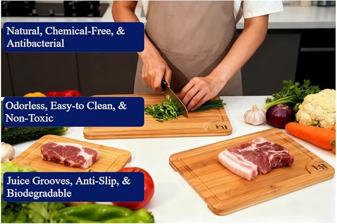 Bamboo Cutting Board Set (3-Pc) – Eco-Friendly Small/Medium/Large Chopping Boards with Deep Juice Groove & Handles – Heavy-Duty Butcher Block for Meat, Vegetables & Charcuterie