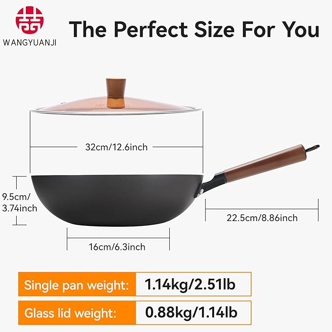 WANGYUANJI Iron Wok 12.6 inches,Wooden Handle Chinese Iron Pot Carbon Steel Wok Non-Coated Stir Fry Pan,Suitable for Home Cooking, Compatible with Induction, Gas, and Electric Ceramic Cooktops