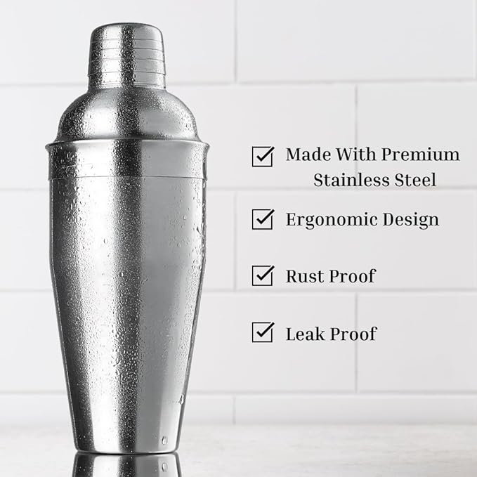 Cocktail Shaker Bar Set - 24oz Professional Martini Shaker with Built-in Strainer - Drink Mixer with Measuring Jigger and Pourer with Dust Cover