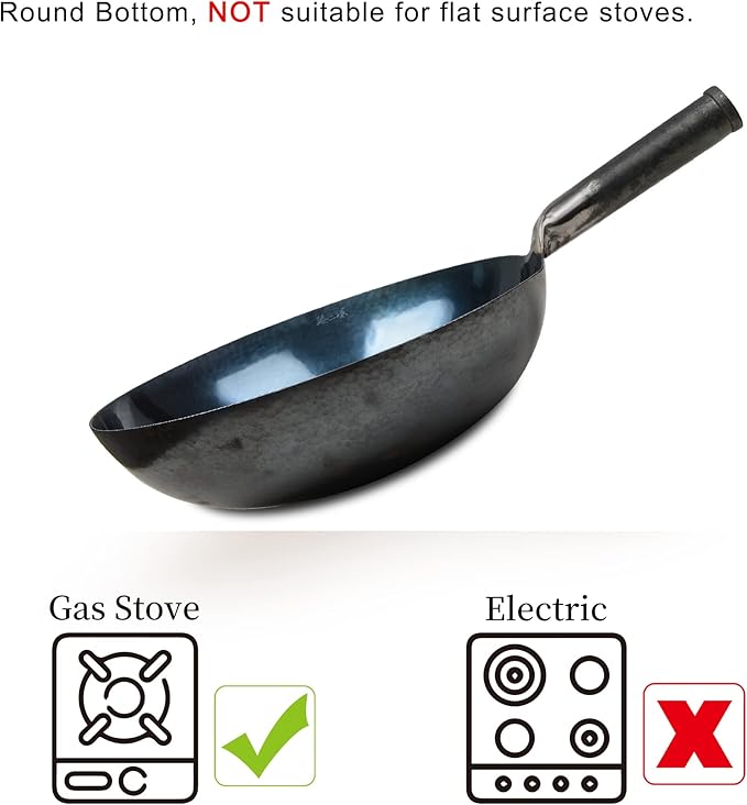 臻三环 ZhenSanHuan Chinese Hand Hammered Iron Woks and Stir Fry Pans, Non-stick, No Coating, Carbon Steel Pow (32CM, Blue Black - Seasoned)