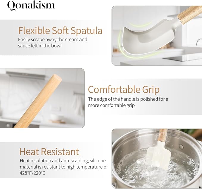 Silicone Spatula Set, 4 Piece Food Grade Rubber Spatula Nonstick Off-White Wooden Spatula, Spoonula, Jar Scraper for Cooking, Baking, Mixing, Frosting - Heat Resistant Up to 600°F（Dishwasher Safe ）