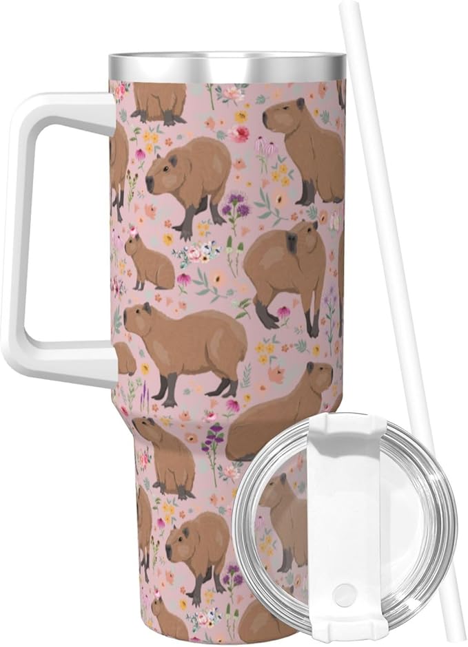 Capybara Gifts Capybara Tumbler Water Bottle Cups for Girls, Teens, Women, Men 40oz Stainless Steel Vacuum Insulated Tumbler with Lid and Straw for Water, Iced Tea or Coffee, Pink