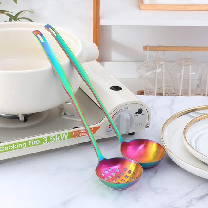 Buyer Star 2 Pcs Soup Ladle Colander, rainbow Cookware Serving Long Handle Steel Slotted Spoon Cooking Utensil Set for Hotpot