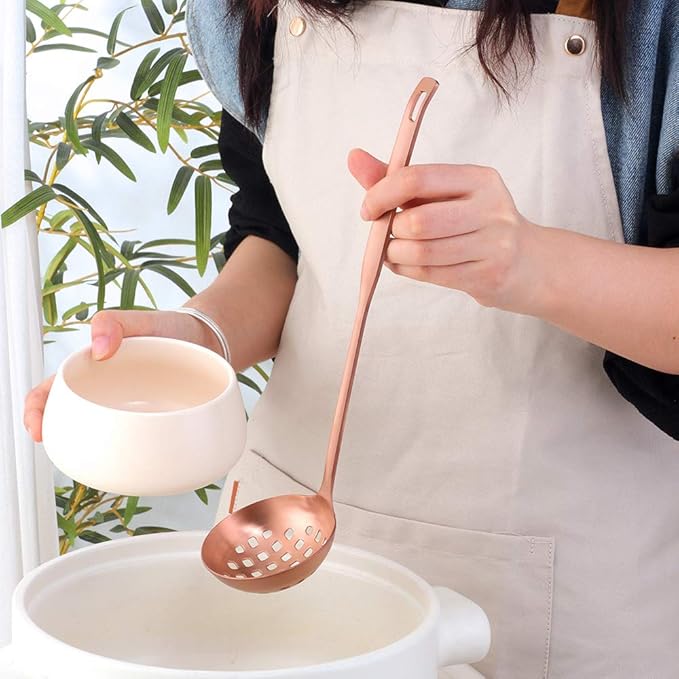 Buyer Star 2 Pcs Soup Ladle Colander, Rose Gold Cookware Serving Long Handle Steel Slotted Spoon Cooking Utensil Set for Hotpot