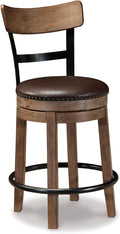 Signature Design by Ashley Pinnadel |24.25" Counter-Height Swivel Bar Stool – Modern Farmhouse, Faux Leather, 360° Swivel, Nailhead Trim, Rustic Light Brown