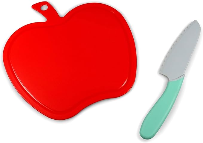 Handstand Kitchen Apple Shaped Cutting Board with 6" Serrated Knife for Kid Safe Cooking