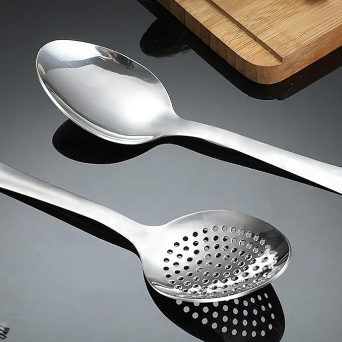 Cooking Spoon Set, 2Pcs 14.7" Stainless Steel Large Serving Spoons, Solid & Slotted Spoons for Restaurant, Metal Kitchen Utensils
